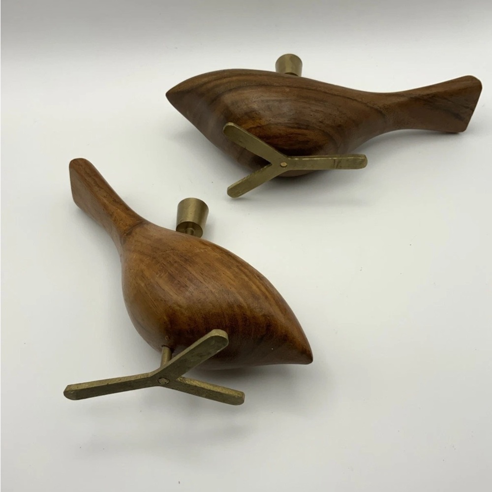 Wood Teak Danish Bird Candleholders With Brass Feet MCM - Picture 4 of 6
